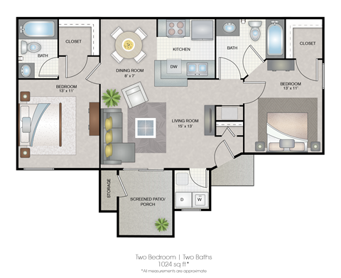 Floor plan for 2 beds, 2 baths, 1025 sqft
